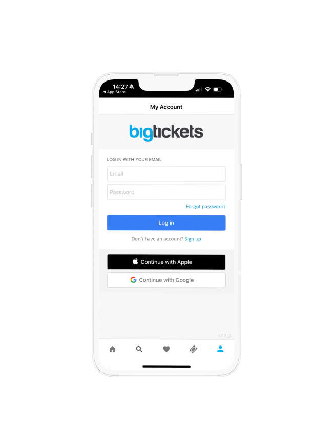 Big Tickets app login screen on mobile device